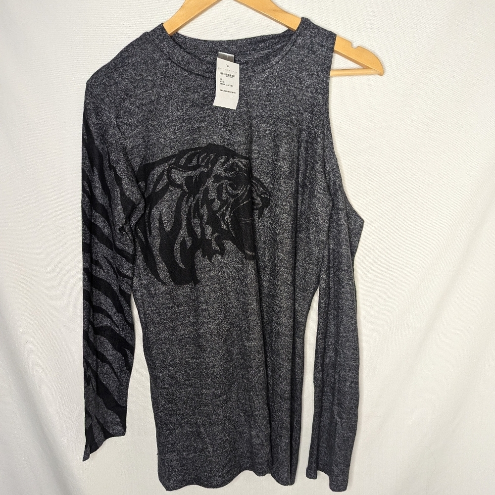 Nordstrom NEW Go Couture Grey Black‎ Tiger Long Sleeve Cold Shoulder Shirt Sz L